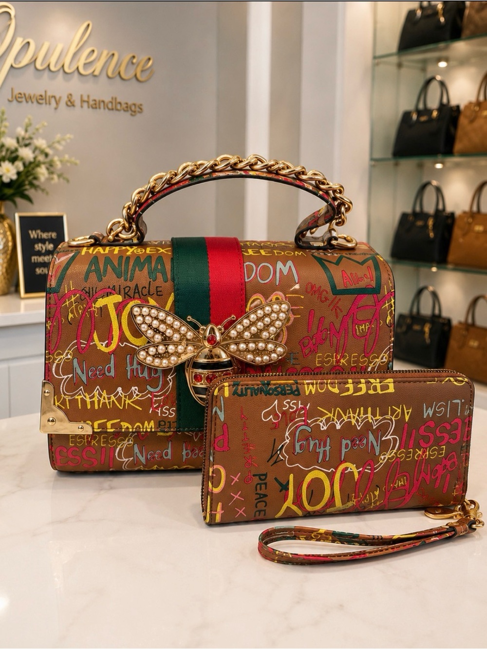 Brown Graffiti Handbag w Wallet